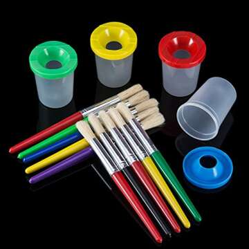 Shappy 4 Pieces Spill Proof Paint Cups in 4 Colors and 10 Pieces Assorted Colored Brushes Set