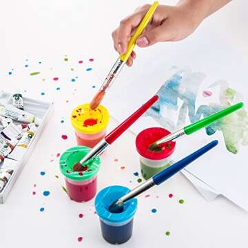 Shappy 4 Pieces Spill Proof Paint Cups in 4 Colors and 10 Pieces Assorted Colored Brushes Set