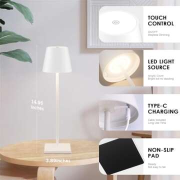 2-Pack Rechargeable Table Lamps, LED Cordless Table Lamp, 3W 5500mAh Battery Operated Table Light, Stepless Dimming Portable Table Light Waterproof for Restaurant/Indoor/Outdoor (White)