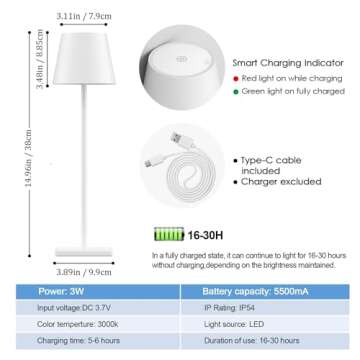 2-Pack Rechargeable Table Lamps, LED Cordless Table Lamp, 3W 5500mAh Battery Operated Table Light, Stepless Dimming Portable Table Light Waterproof for Restaurant/Indoor/Outdoor (White)
