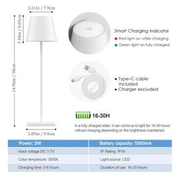 2-Pack Rechargeable Table Lamps, LED Cordless Table Lamp, 3W 5500mAh Battery Operated Table Light, Stepless Dimming Portable Table Light Waterproof for Restaurant/Indoor/Outdoor (White)