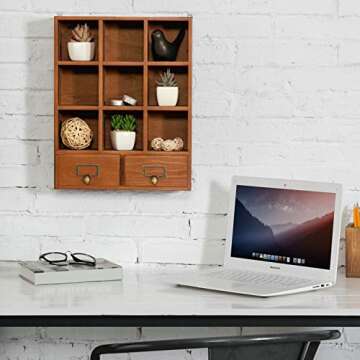 MyGift 16.5 inch Vintage Wooden Display Shelves with 2 Drawers Storage 9 Compartment Shadow Box