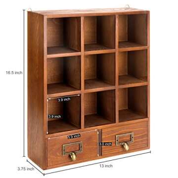 MyGift 16.5 inch Vintage Wooden Display Shelves with 2 Drawers Storage 9 Compartment Shadow Box
