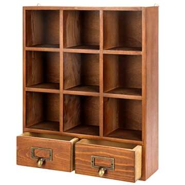 MyGift 16.5 inch Vintage Wooden Display Shelves with 2 Drawers Storage 9 Compartment Shadow Box