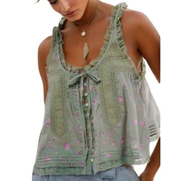 Womens Lace Trim Tank Tops Beach Vacation Essentials Tops People Free Dupes Ruffled Chiffon Sleevele...
