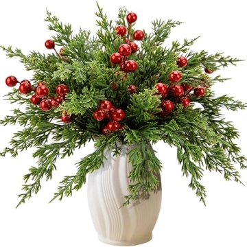 Watayo 45 Pcs Christmas Artificial Pine Branches with Red Berry Stems- 10.5" Faux Evergreen Norfolk ...