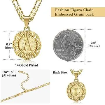 KissYan Initial Necklace for Women,14K Gold Plated Round Letter Pendant Necklace Capital Monogram Necklace Alhpabets from A-Z Figaro Chain Necklace(Gold I)