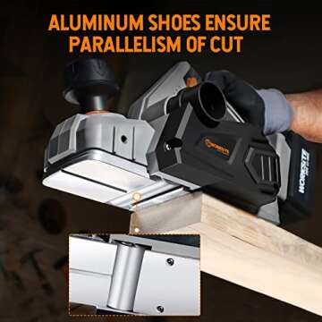 WORKSITE Hand Planer 20V Cordless 3-1/4-Inch Wood Planer with 4.0 Ah Lithium-Ion Battery, Fast Charger, Dust Collection Bag for Woodworking