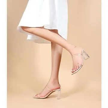 Leevar Square Toe Heels Sandals - White Black Nude Heels Chunky Two Strap Low Heels for Women Leather Mule Sandals Slip On Block Heels for Party Dating Daily Standard Size 2.75 Inch