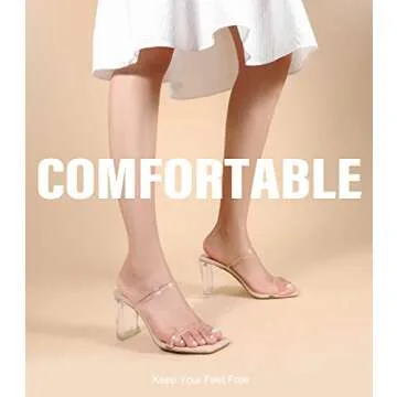 Leevar Square Toe Heels Sandals - White Black Nude Heels Chunky Two Strap Low Heels for Women Leather Mule Sandals Slip On Block Heels for Party Dating Daily Standard Size 2.75 Inch