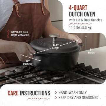 Victoria 4-Quart Cast Iron Dutch Oven with Lid and Dual Loop Handles, Seasoned with Flaxseed Oil, Made in Colombia,Black