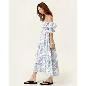 NOTHING FITS BUT Kiko Baby Shower Maternity Gown, Women’s Cotton Classic Linen Smocked Nursing Dress, Short Puffed Sleeves, Off Shoulder, Square Neckline, Shirred Bust, Calf-Length, Paris, XS