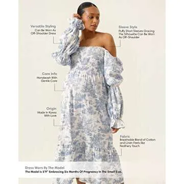NOTHING FITS BUT Kiko Baby Shower Maternity Gown, Women’s Cotton Classic Linen Smocked Nursing Dress, Short Puffed Sleeves, Off Shoulder, Square Neckline, Shirred Bust, Calf-Length, Paris, XS