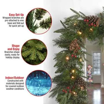 National Tree Company Pre-Lit 'Feel Real' Artificial Christmas Garland, Green, Colonial Fir, White Lights, Decorated With Pine Cones, Plug In, Christmas Collection, 9 Feet