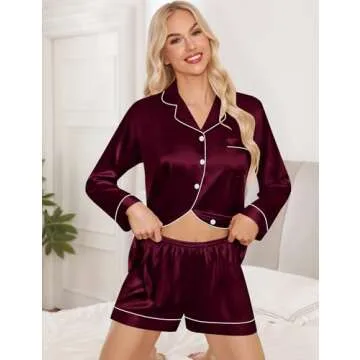 SWOMOG Womens 2 PCS Pajamas Set Silk Satin Long Sleeve Sleepwear Button Down Loungewear Pjs Nightwear Z - Deep Wine Red - 2 PCS Medium