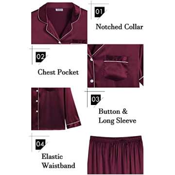 SWOMOG Womens 2 PCS Pajamas Set Silk Satin Long Sleeve Sleepwear Button Down Loungewear Pjs Nightwear Z - Deep Wine Red - 2 PCS Medium