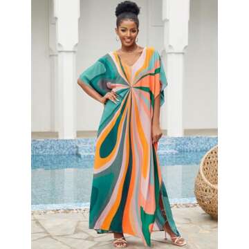 IMAGEKOPE Moroccan Print V-Neck Batwing Kaftan Women's Plus Size Loose Fit Beach Dress Bathing Suit ...
