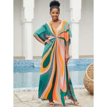 IMAGEKOPE Moroccan Print V-Neck Batwing Kaftan Women's Plus Size Loose Fit Beach Dress Bathing Suit ...