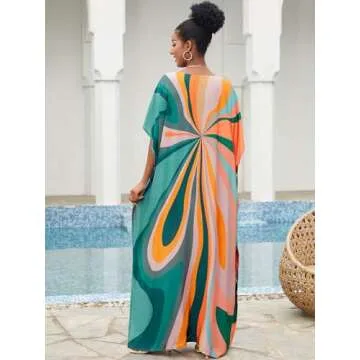 IMAGEKOPE Moroccan Print V-Neck Batwing Kaftan Beach Dress
