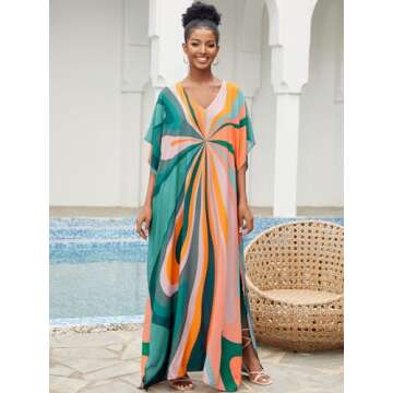 IMAGEKOPE Moroccan Print V-Neck Batwing Kaftan Beach Dress