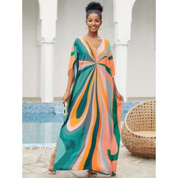 IMAGEKOPE Moroccan Print V-Neck Batwing Kaftan Beach Dress