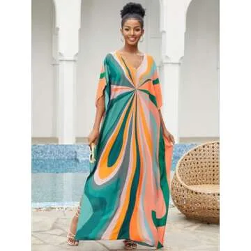IMAGEKOPE Moroccan Print V-Neck Batwing Kaftan Beach Dress