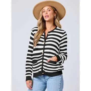 ANRABESS Women's Tweed Knit Cardigan Sweater Casual Long Sleeve Cropped Button Down Lady Jackets 2025 Spring Fashion Outwear White Black Strip Medium