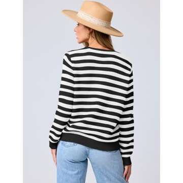 ANRABESS Women's Tweed Knit Cardigan Sweater Casual Long Sleeve Cropped Button Down Lady Jackets 2025 Spring Fashion Outwear White Black Strip Medium