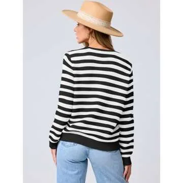 ANRABESS Women's Tweed Knit Cardigan Sweater Casual Long Sleeve Cropped Button Down Lady Jackets 2025 Spring Fashion Outwear White Black Strip Medium