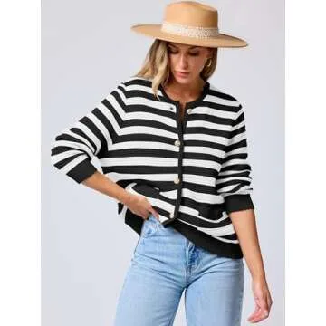 ANRABESS Women's Tweed Knit Cardigan Sweater Casual Long Sleeve Cropped Button Down Lady Jackets 2025 Spring Fashion Outwear White Black Strip Medium