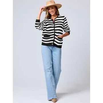 ANRABESS Women's Tweed Knit Cardigan Sweater Casual Long Sleeve Cropped Button Down Lady Jackets 2025 Spring Fashion Outwear White Black Strip Medium