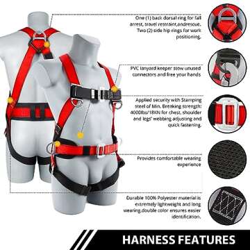 TT TRSMIMA Safety Harness Fall Protection Kit - Full Body Roofing harnesses with Shock Absorbing Lanyard Updated Waist Paded (red)