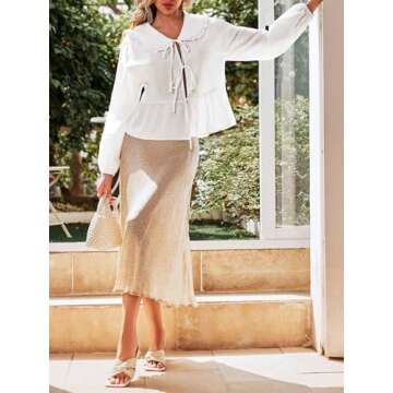 Tankaneo Womens Tie Front Tops Casual Babydoll Long Sleeve Blouses Peplum Cotton Bow Shirts White