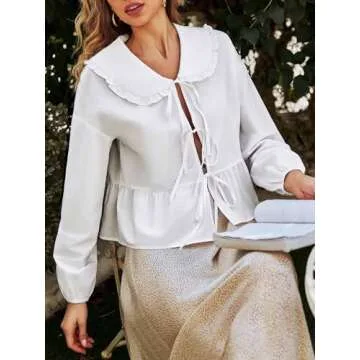 Tankaneo Womens Tie Front Tops Casual Babydoll Long Sleeve Blouses Peplum Cotton Bow Shirts White