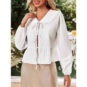 Tankaneo Womens Tie Front Tops Casual Babydoll Long Sleeve Blouses Peplum Cotton Bow Shirts White