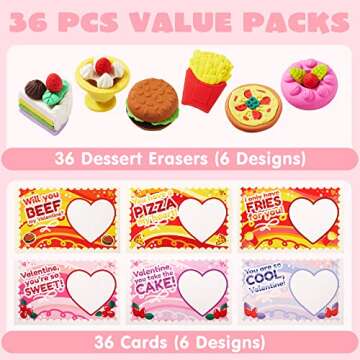 JOYIN 36 PCS Valentines Day Gift Cards with 3D Dessert Erasers for Kid Classroom Cards, Party Favor Toy Card Party Favor, Classroom Prize Supplies, Valentine’s Greeting Cards