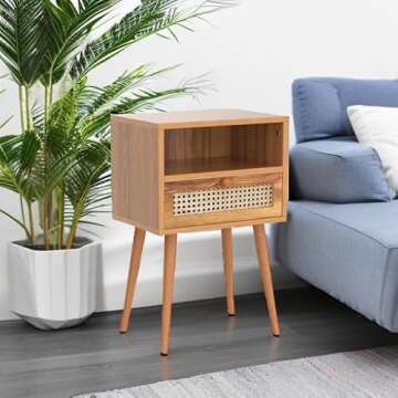 Rattan Nightstand Bedside Tables, Modern Wood Side Table Small End Table for Bedroom Living Room with Long Solid Wood Legs Drawer and Open Shelf
