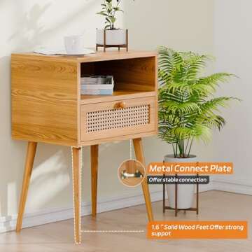 Rattan Nightstand Bedside Tables, Modern Wood Side Table Small End Table for Bedroom Living Room with Long Solid Wood Legs Drawer and Open Shelf