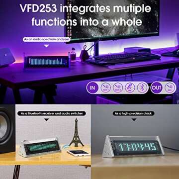 [Upgraded] VFD Audio Spectrum Analyzer Bluetooth 5.0 Receiver 3.5mm AUX Selector (Silver)