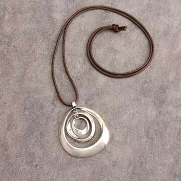 Popeoiuh Leather Necklace for Women Vintage Boho Choker Silver 3 Circles Statement Pendant Necklaces