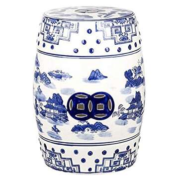 SAFAVIEH ACS4558A Gateless Mist Chinoiserie Ceramic Decorative Garden Stool, Blue
