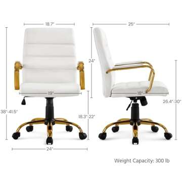 Topeakmart Office Desk Chair Mid-Back Adjustable Chair PU Leather Executive Chair w/Gold Frame White Seat