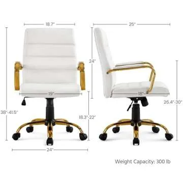 Topeakmart Office Desk Chair Mid-Back Adjustable Chair PU Leather Executive Chair w/Gold Frame White Seat