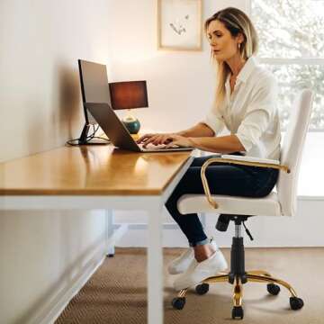 Topeakmart Office Desk Chair Mid-Back Adjustable Chair PU Leather Executive Chair w/Gold Frame White Seat