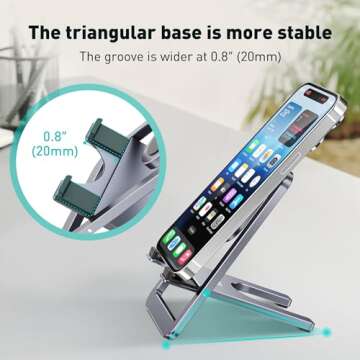 DeskLogics Portable Phone Stand for Desk, Aluminum Adjustable Cell Phone Holder, Foldable Travel Cellphone Dock Compatible with iPhone 15 14 13 Pro Max Mini, 12 11 XR 8 7 6 Plus SE (Grey)