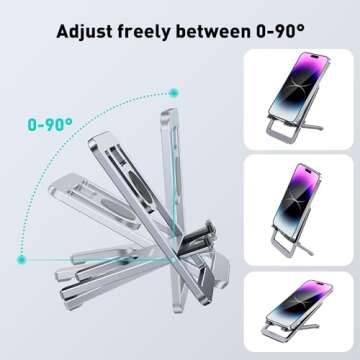 DeskLogics Portable Phone Stand for Desk, Aluminum Adjustable Cell Phone Holder, Foldable Travel Cellphone Dock Compatible with iPhone 15 14 13 Pro Max Mini, 12 11 XR 8 7 6 Plus SE (Grey)