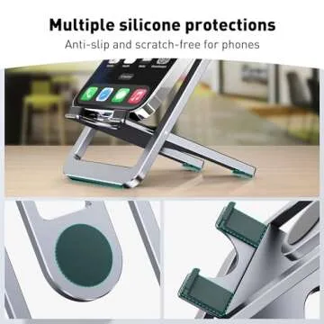 DeskLogics Portable Phone Stand for Desk, Aluminum Adjustable Cell Phone Holder, Foldable Travel Cellphone Dock Compatible with iPhone 15 14 13 Pro Max Mini, 12 11 XR 8 7 6 Plus SE (Grey)