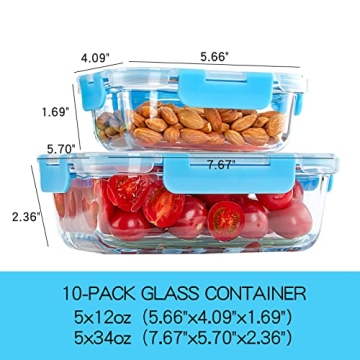 UMEIED 10 Pack Glass Food Storage Containers with Lids Leakproof, Airtight Glass Meal Prep Containers For Lunch, On The Go, Leftover, Dishwasher Safe