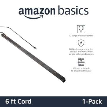 Amazon Basics Rectangular Heavy Duty Metal Surge Protector Power Strip with Mounting Brackets, 12 Outlet, 600-Joule (15A On/Off Circuit Breaker), Black