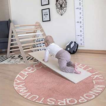 ABC Kids Rug - Educational Plush Play Mat for Infants & Toddlers - 47" Round, Pink White